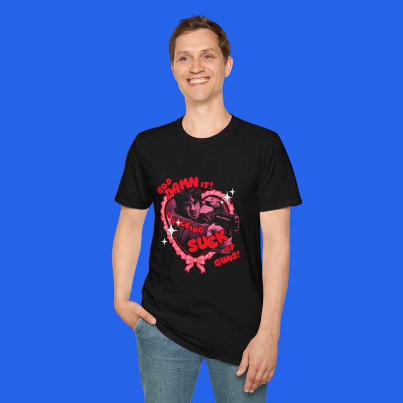 Resident Evil Bryan black graphic shirt male model