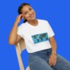 World-Map-Continents-White-Shirt-Female-Model World Map Continents Green And Blue Ocean Shirt