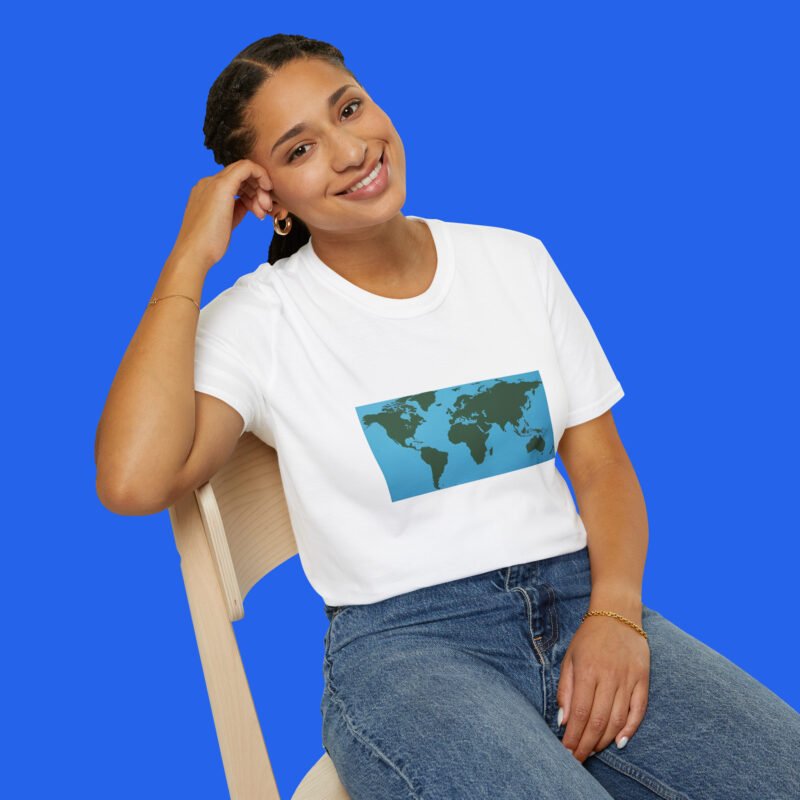 World-Map-Continents-White-Shirt-Female-Model World Map Continents Green And Blue Ocean Shirt