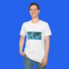 World-Map-Continents-White-Shirt-Male-Model World Map Continents Green And Blue Ocean Shirt