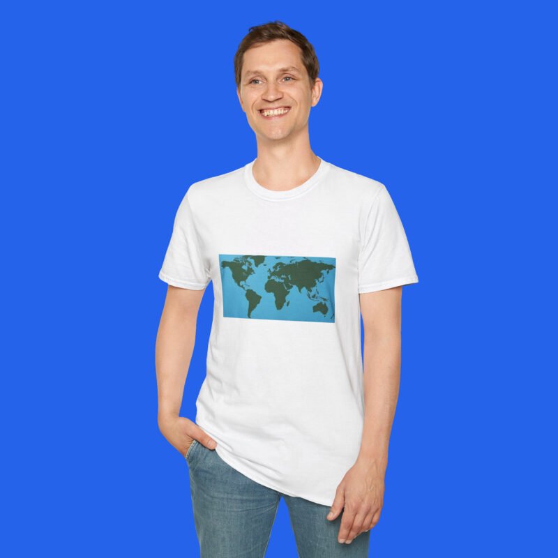 World-Map-Continents-White-Shirt-Male-Model World Map Continents Green And Blue Ocean Shirt