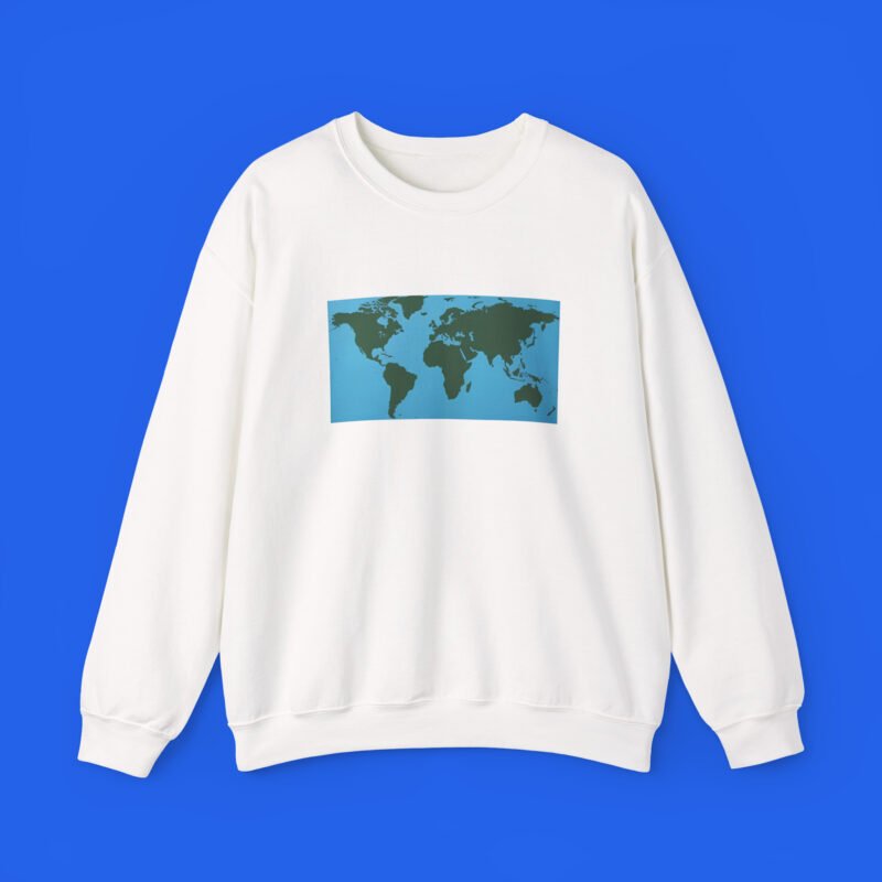 World-Map-Continents-White-Sweatshirt World Map Continents Green And Blue Ocean Shirt