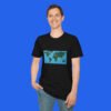 World-Map-Continents-White-T-shirt-Male-Model World Map Continents Green And Blue Ocean Shirt