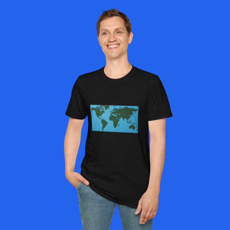 World-Map-Continents-White-T-shirt-Male-Model World Map Continents Green And Blue Ocean Shirt