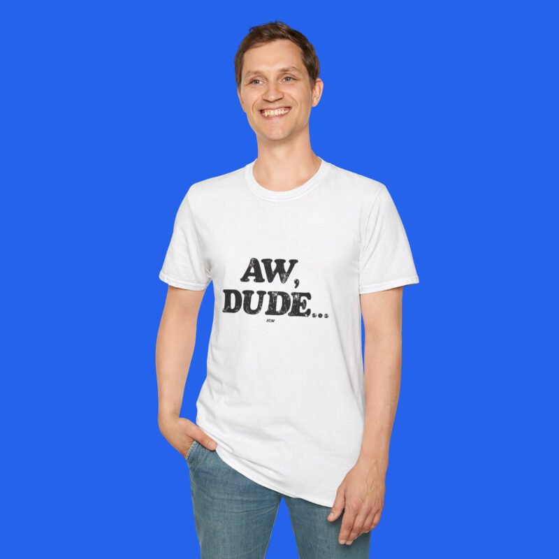 Male model wearing a white wrestling-inspired graphic T-shirt