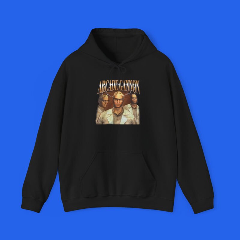 Black hoodie with Arcade Gannon graphic design