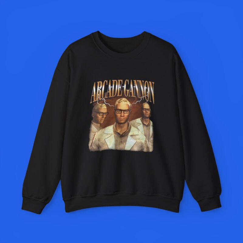 Black sweatshirt featuring the Arcade Gannon character artwork