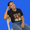 Female model wearing a black Arcade Gannon graphic tee