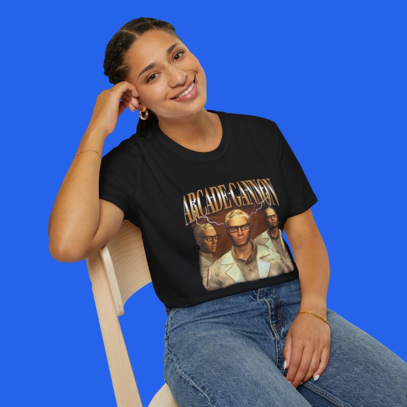 Female model wearing a black Arcade Gannon graphic tee