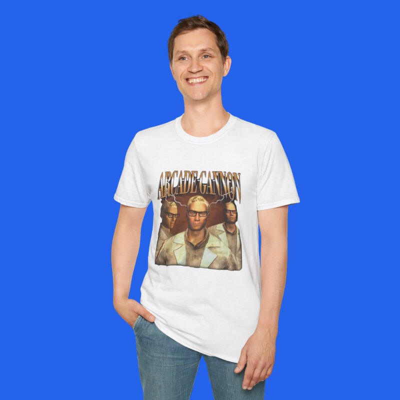 Male model wearing a white gaming character graphic T-shirt