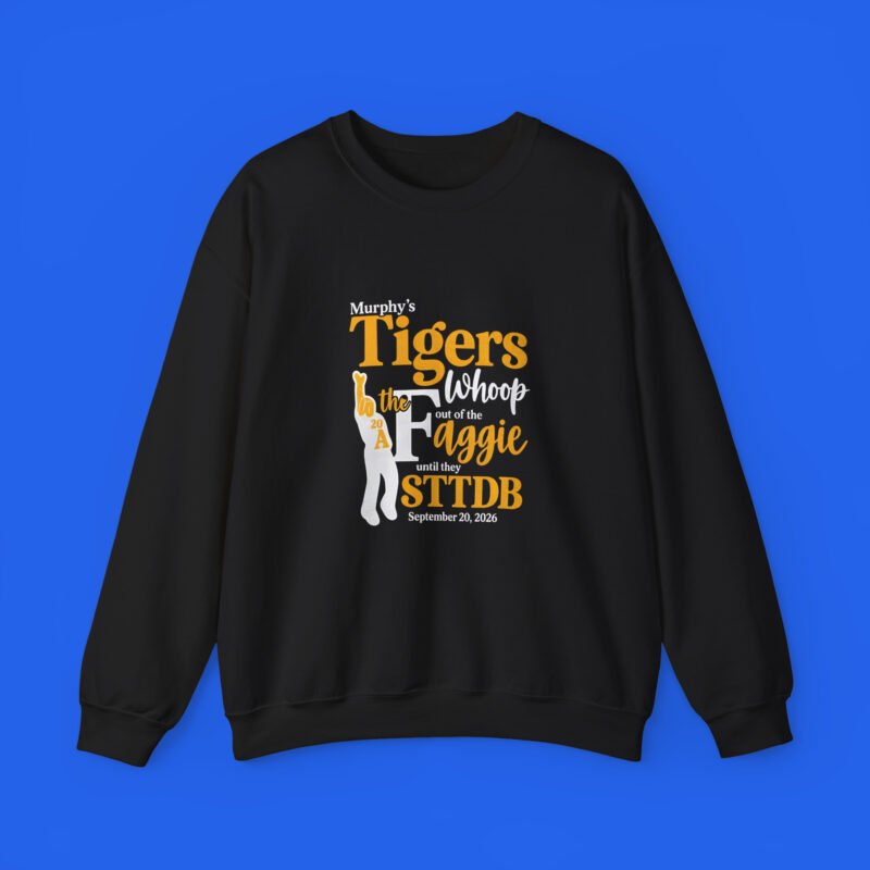 Black sweatshirt featuring a game-day rivalry design