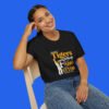 Female model wearing a black Tigers-themed game-day shirt